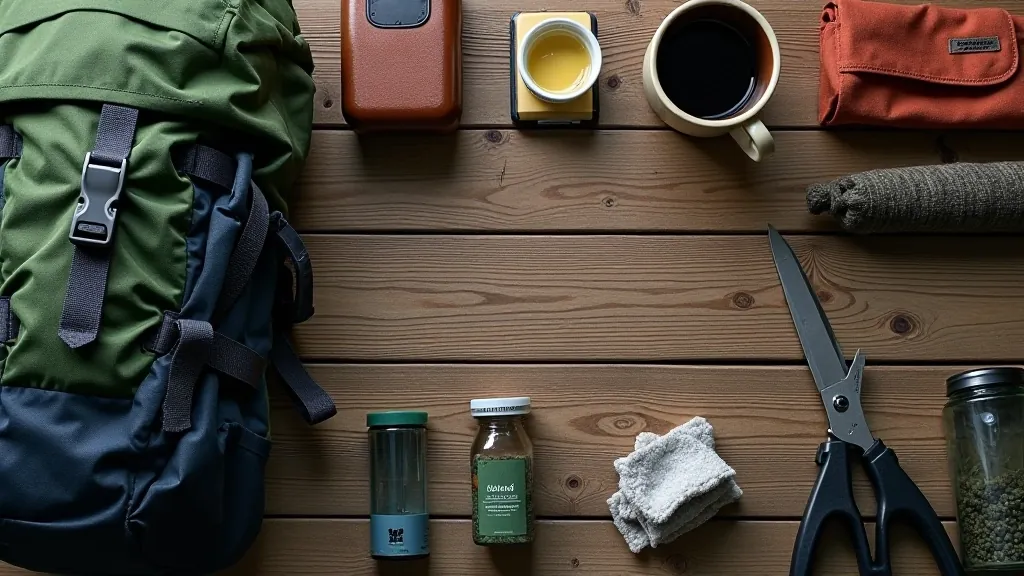 Backpack with hiking essentials laid out on a wooden table including water bottle, sunscreen, and snacks