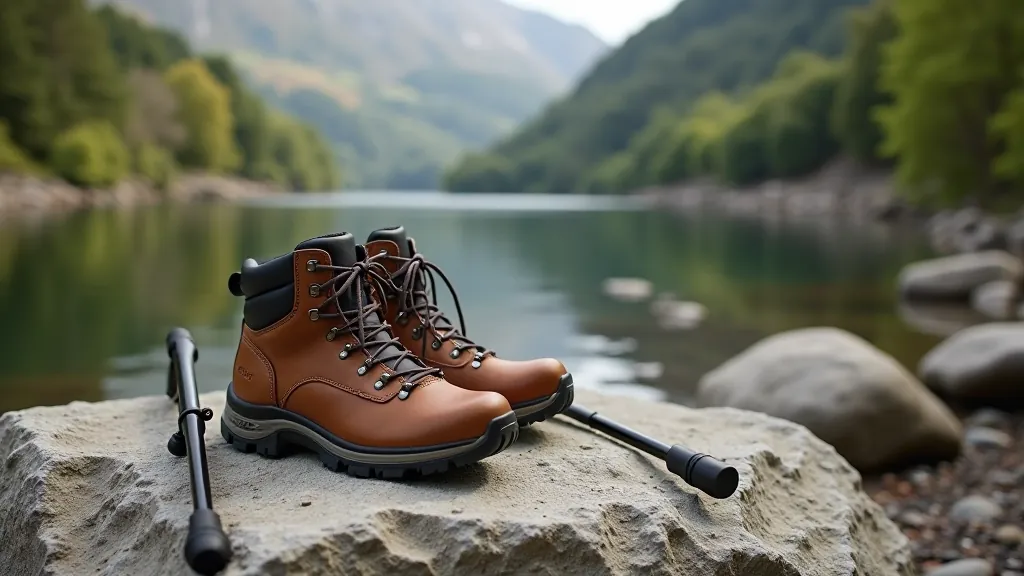 Hiking boots and walking poles arranged on stone surface with trail map nearby