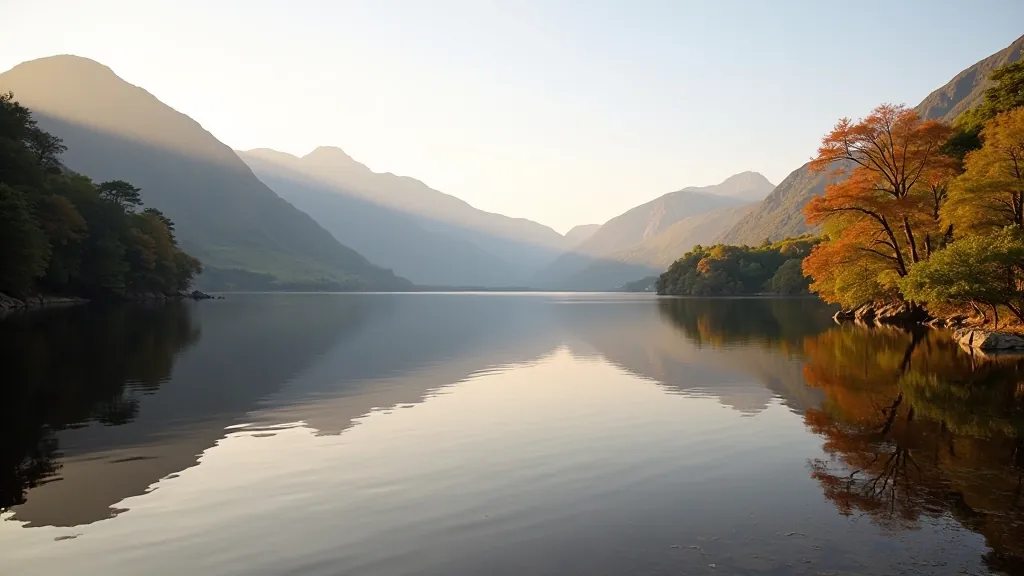 Beautiful Killarney lake landscape with mountain reflections at sunset
