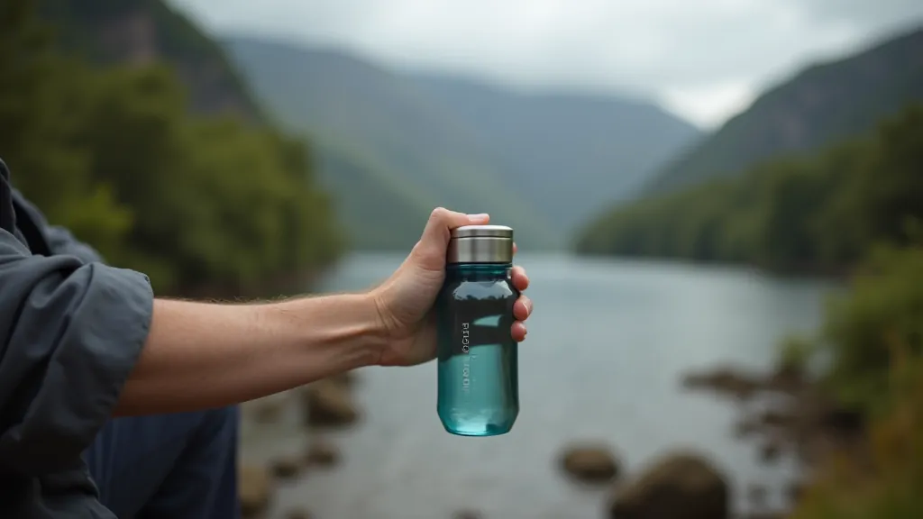Person drinking water from a reusable bottle while sitting on a trail with mountain views