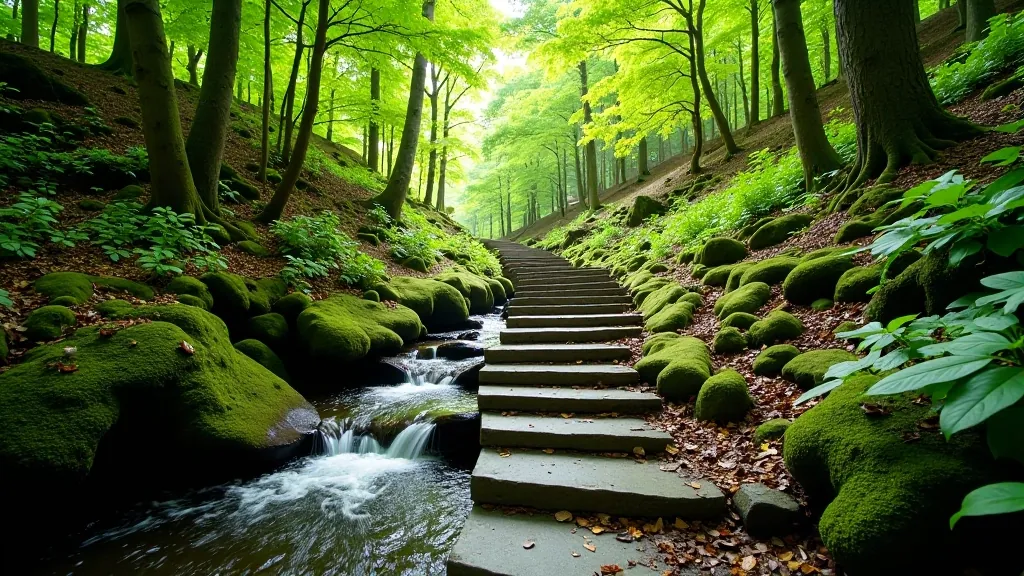 Scenic forest path leading toward waterfall with stream running alongside