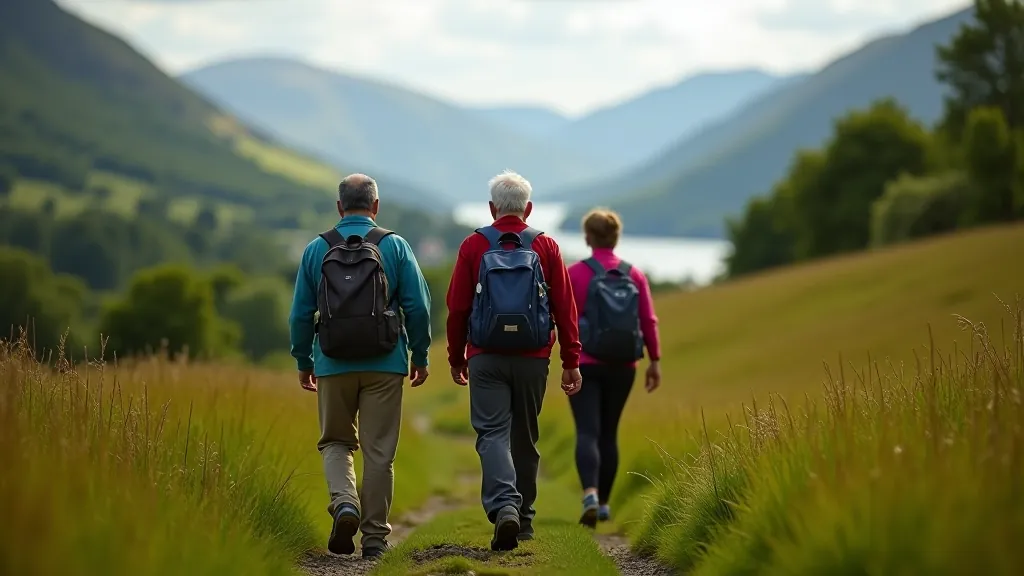 Active seniors enjoying a guided hike on scenic Killarney trails