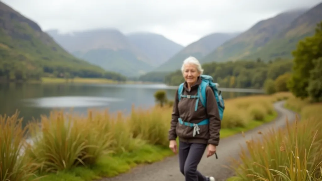 Senior hiker walking on well-maintained trail with mountain views in Killarney