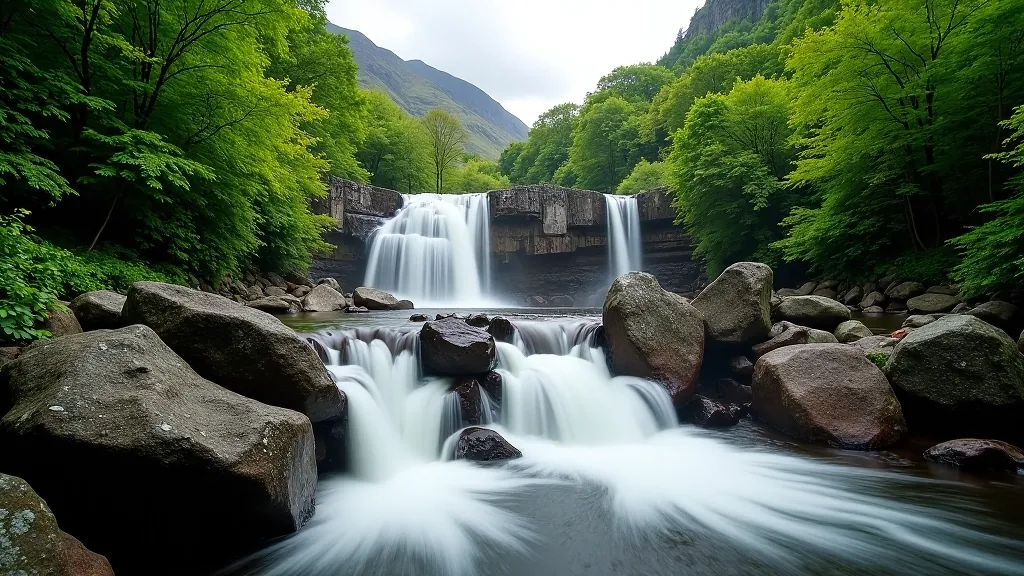 Torc Waterfall cascading down rocky cliff with forest surroundings