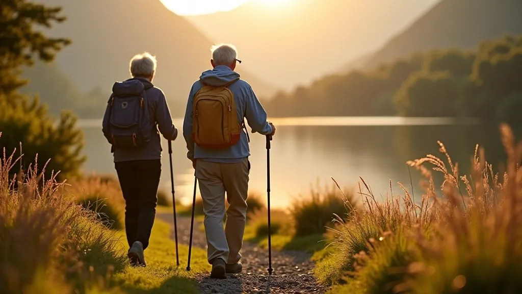 Senior hikers walking together on lakeside trail with walking poles