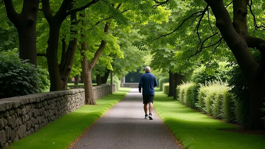 Walking path through Muckross House grounds with stone walls and forest backdrop
